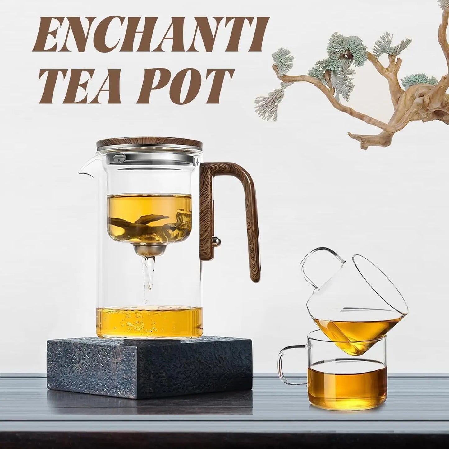 600ML Enchanti Tea Pot Glass Kettle Teapot with Wooden Handle