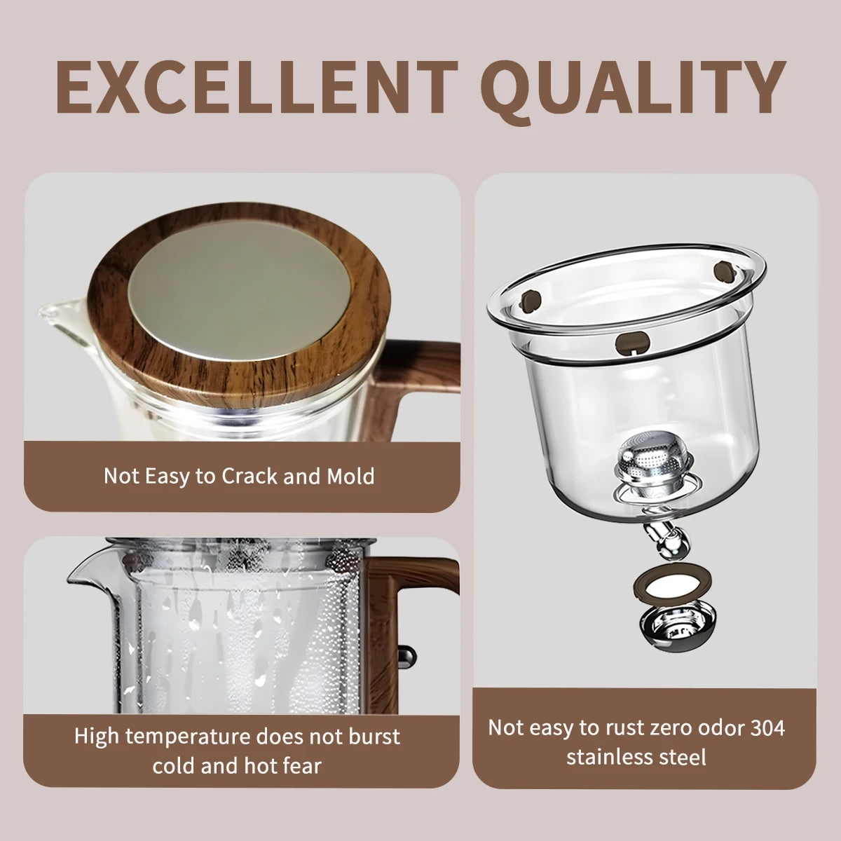 600ML Enchanti Tea Pot Glass Kettle Teapot with Wooden Handle